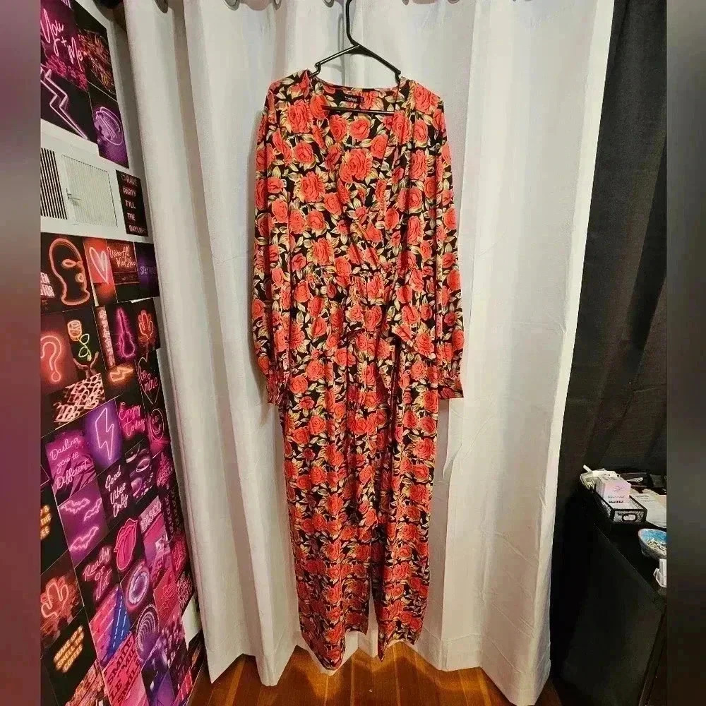 Plus Size Rose Covered Jumpsuit with Attached Self-Tie